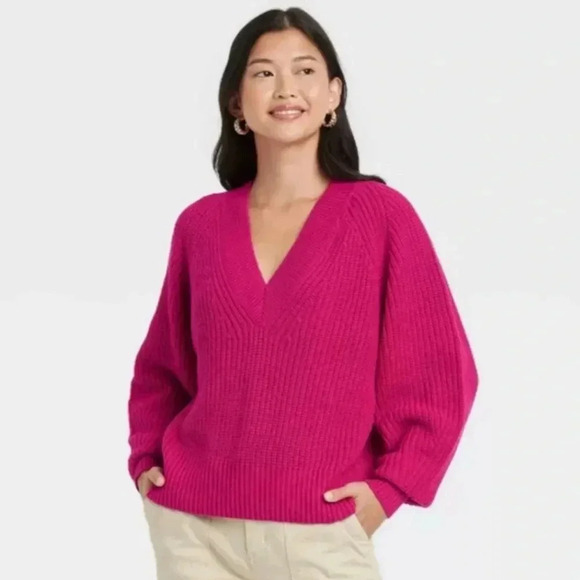 EUC | A New Day | V-Neck Knit Fushia Sweater | Sz S - Picture 1 of 7